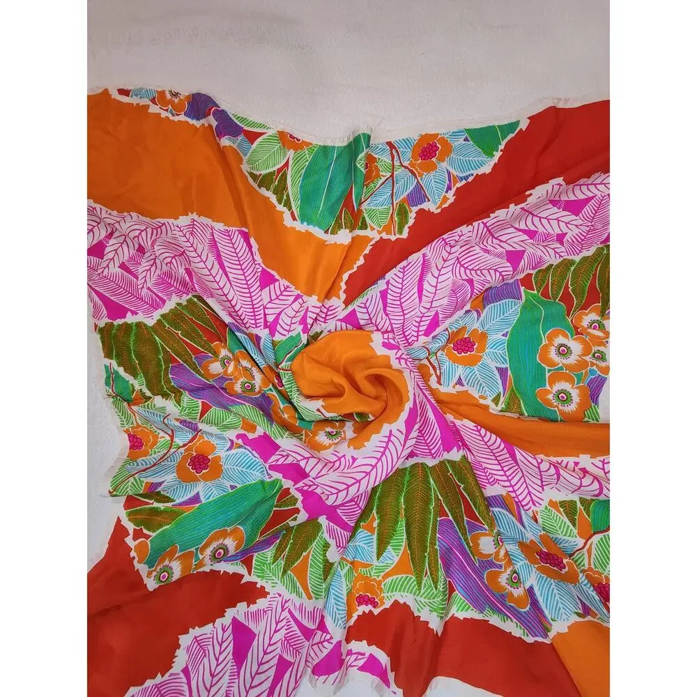 Saldarini Italy Silk Square Scarf Tropical Floral Orange Rust Magenta 30in